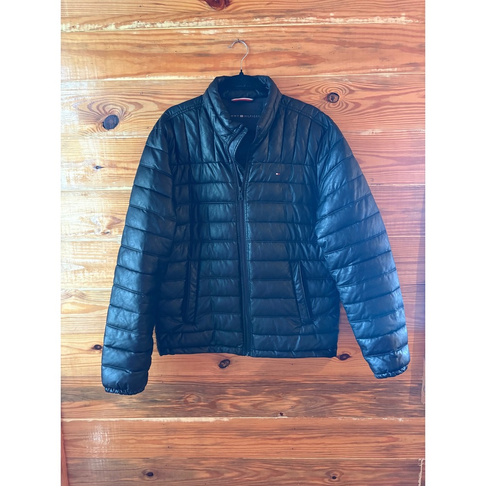 Tommy Hilfiger Mens Black Quilted Faux Leather Packable Puffer Jacket Size M